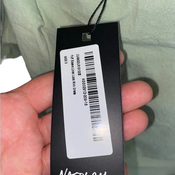 New Nasty Gal sage green puff sleeve Linen Look mini Cute Soft Girl Party Dress - Picture 7 of 8